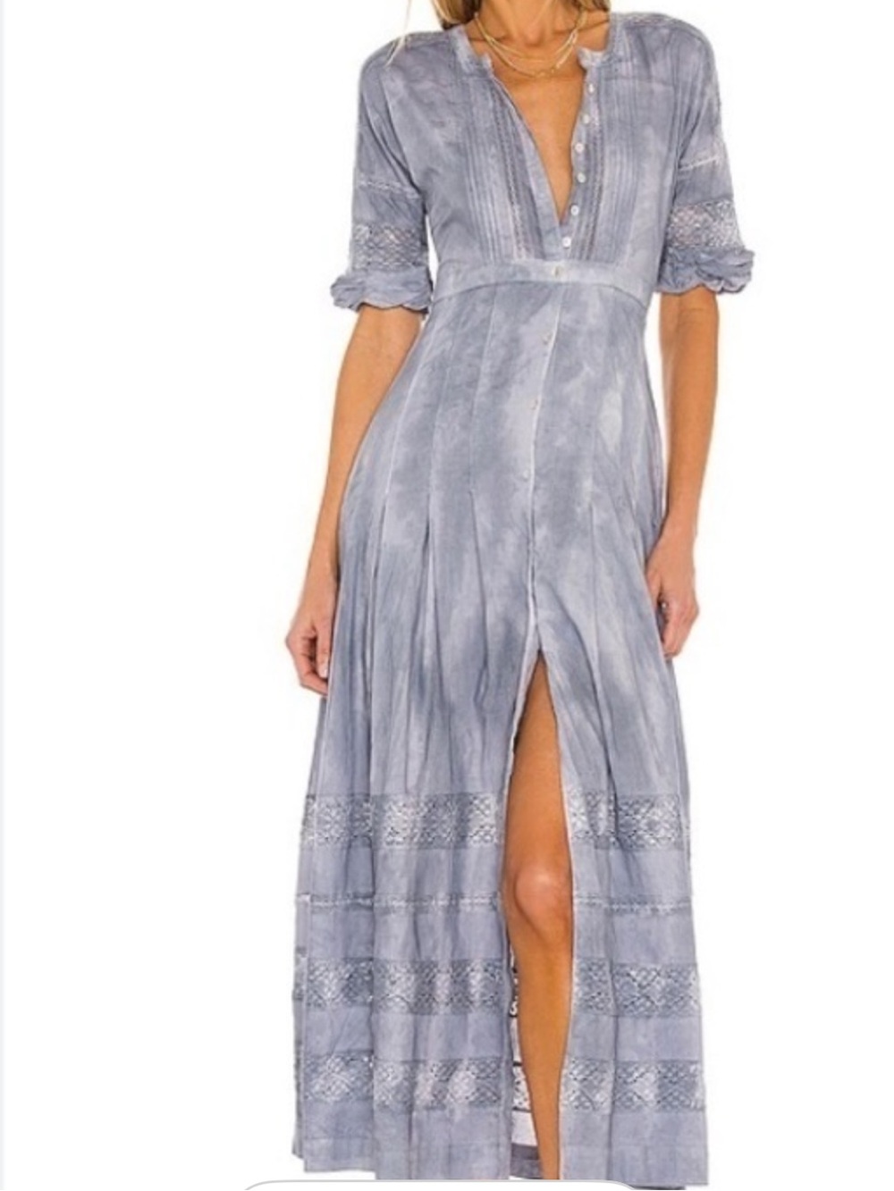LoveShackFancy Misty Blue Tie-Dye Maxi Dress with Lace Accents